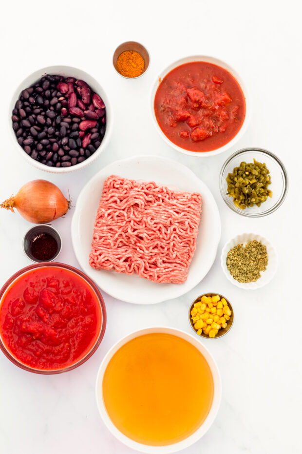 Ingredients to make Slow Cooker Taco Soup on a table. 