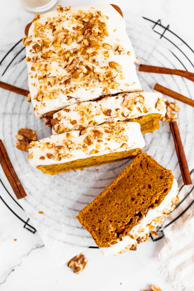 The Best Pumpkin Bread sitting on parchment paper.