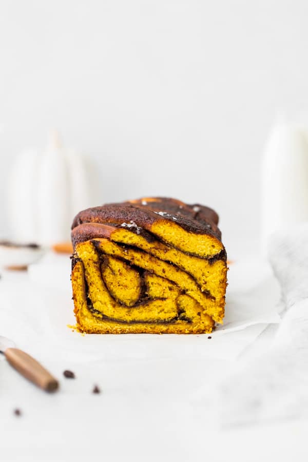 Pumpkin Chocolate Babka sliced to show the chocolate swirl. 