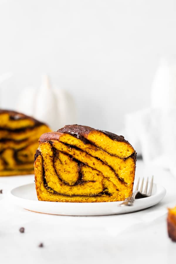 Pumpkin Chocolate Babka sliced to show the swirled layers. 