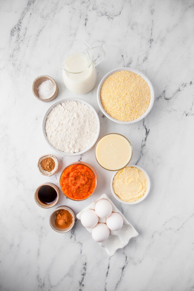 Ingredients to make Sweet Pumpkin Cornbread Muffins. 