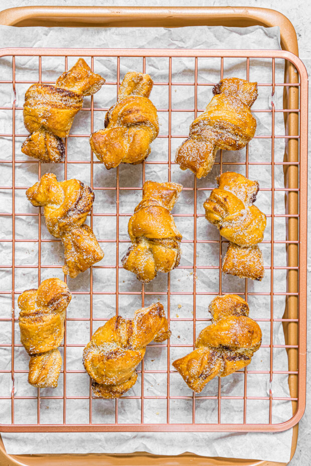 Air Fryer Cinnamon Sugar Knots on a wire rack. 