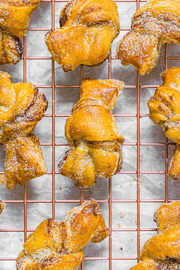 Air Fryer Cinnamon Sugar Knots on a baking rack. 