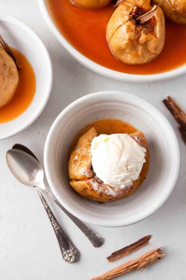 Cinnamon Baked Apples topped with ice cream. 