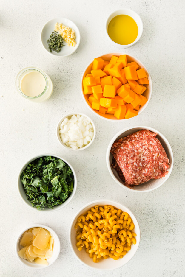 Butternut Squash Sausage Pasta ingredients on the table. 