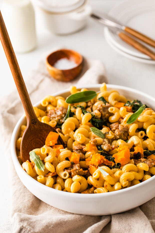 Butternut Squash Sausage Pasta in a serving bowl. 