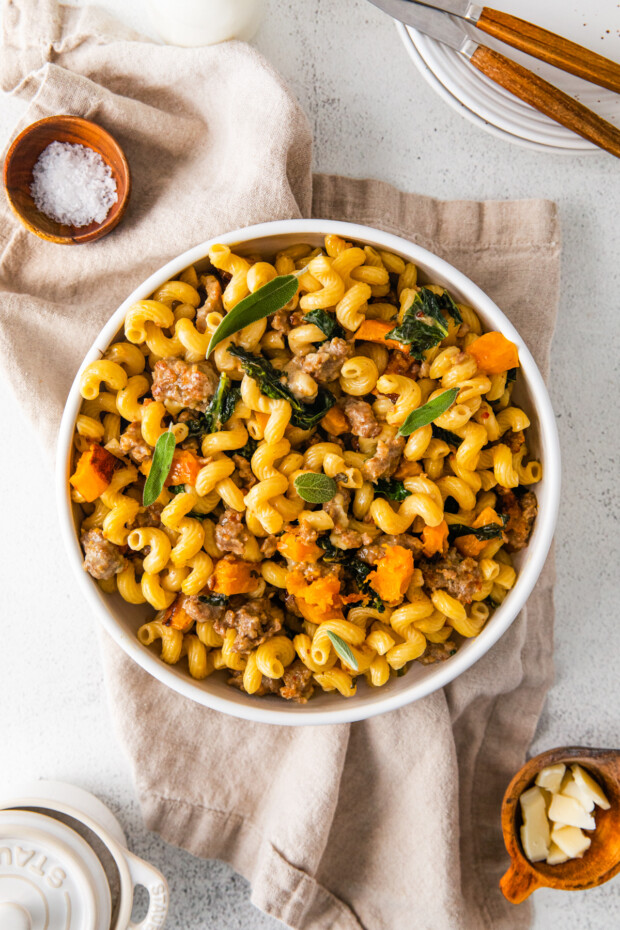 Butternut Squash Sausage Pasta in a bowl. 