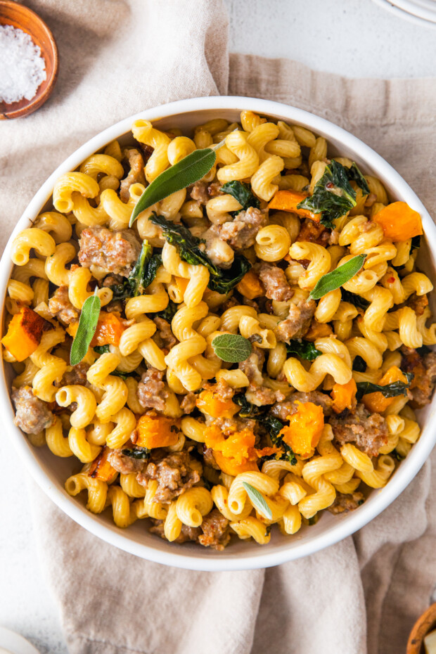 Butternut Squash Sausage Pasta served with fresh sage. 