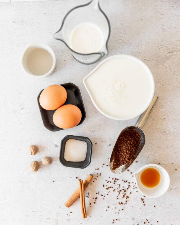 Eggnog Whipped Coffee ingredients on a table. 