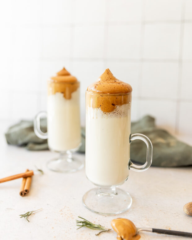 Eggnog Whipped Coffee in a glass. 