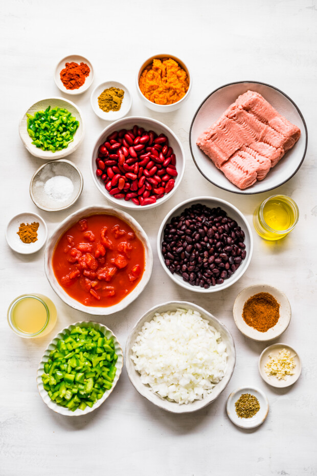 Ingredients to make Turkey Pumpkin Chili on a table. 