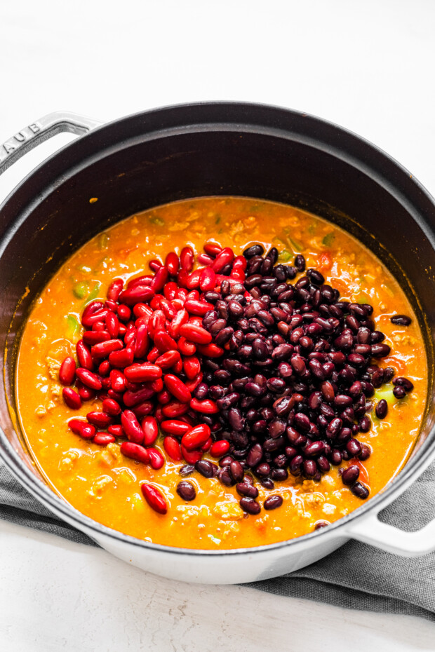 Turkey Pumpkin Chili in a pot with beans. 