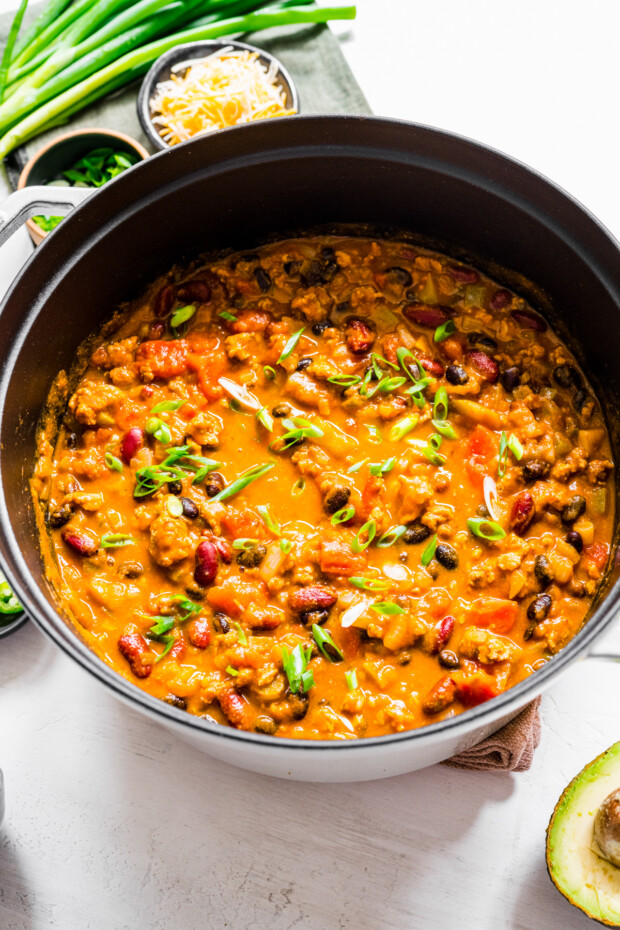 Fully cooked Turkey Pumpkin Chili in a large soup pot. 
