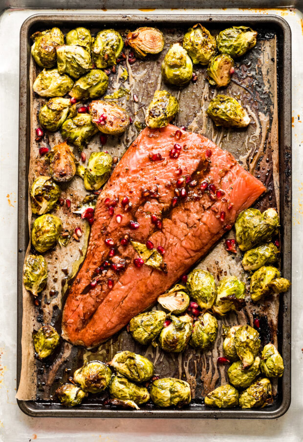 Marinated Sheet Pan Salmon on a sheet pan. 