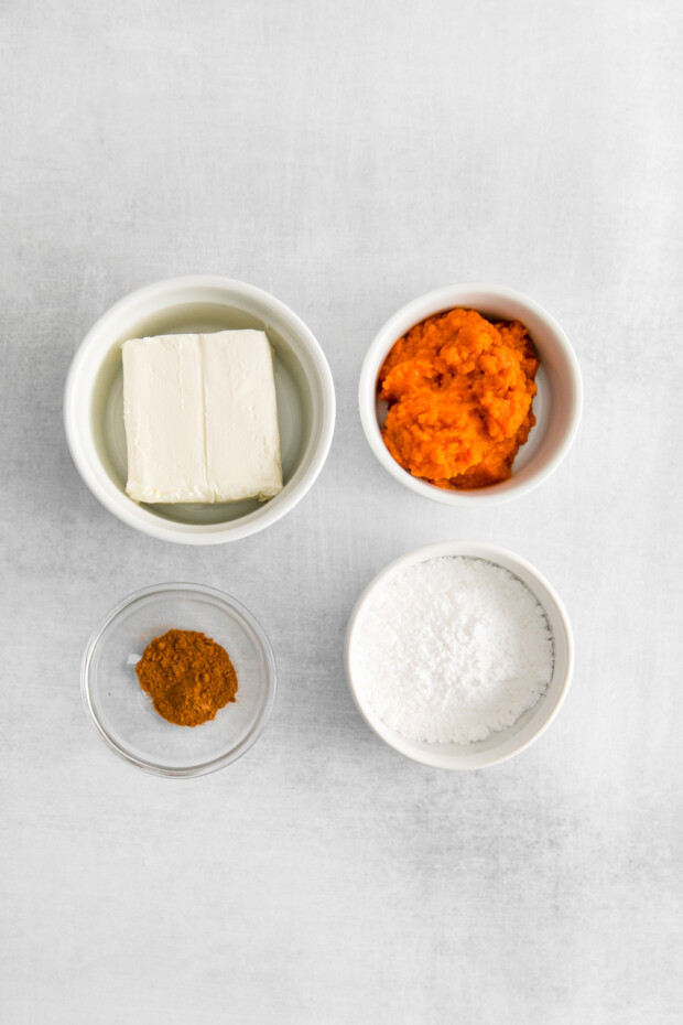 Ingredients to make pumpkin pie filling for pumpkin pie cupcakes. 