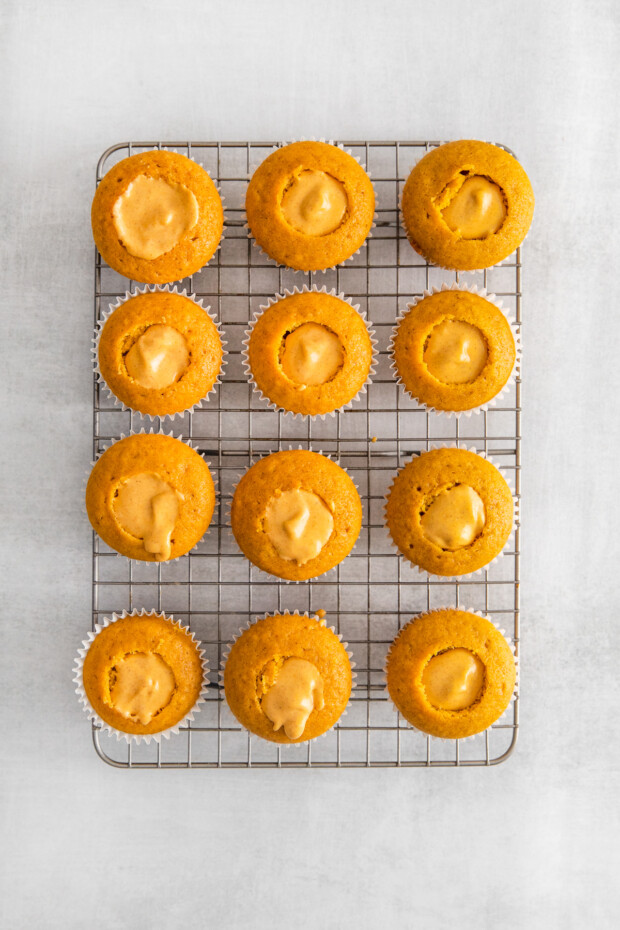 Pumpkin Pie Cupcakes filled with pumpkin pie filling. 