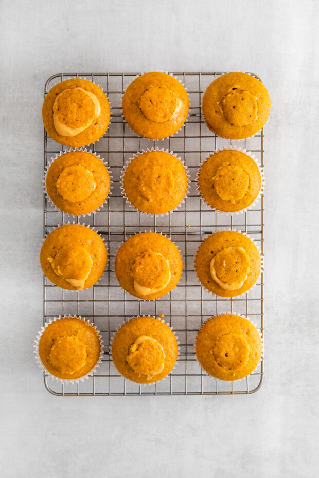 Pumpkin Pie Cupcakes on a cooling wrap filled with filling. 