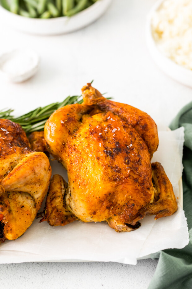 Roasted Cornish Hens on a serving tray. 