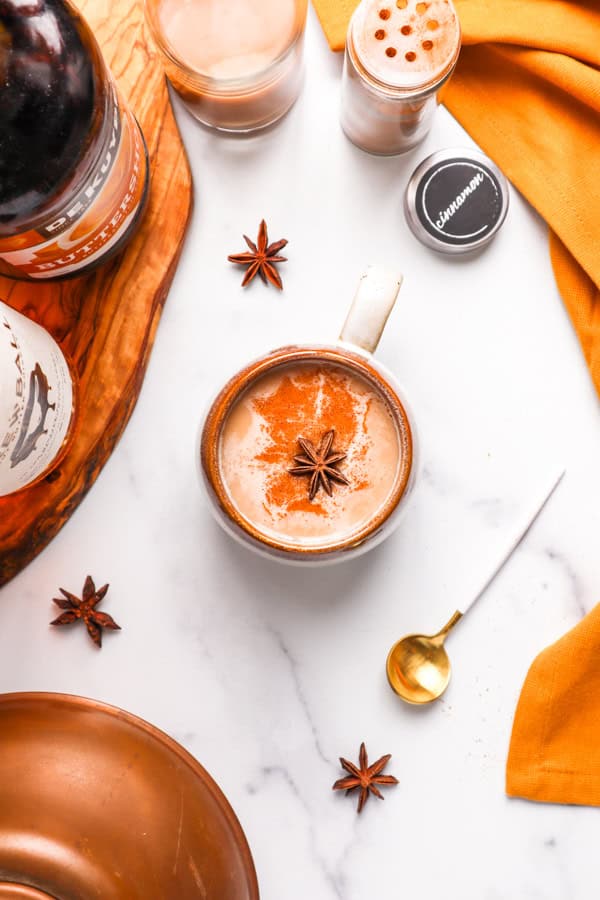 Skrewball Chai Tea Latte on a marble table. 