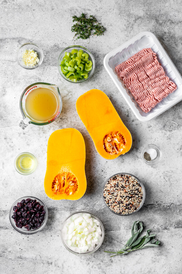 Ingredients to make Stuffed Butternut Squash. 