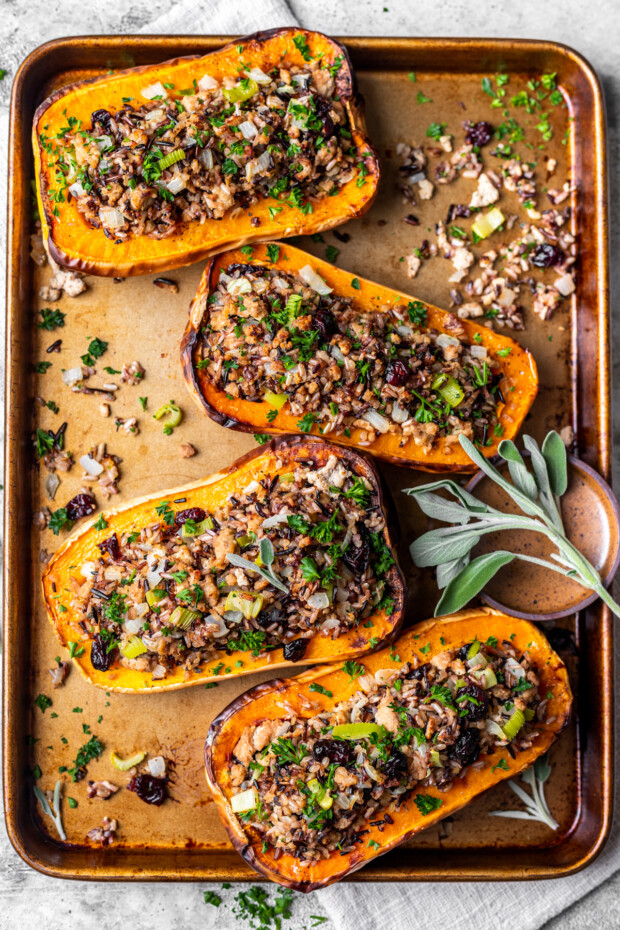 Stuffed Butternut Squash on a sheet pan. 