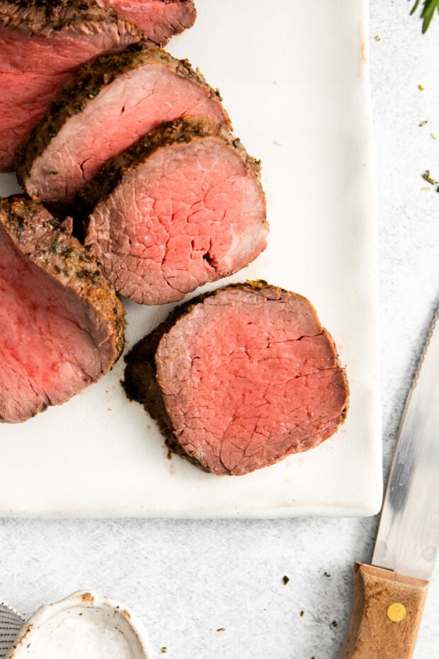 Rare Air Fryer Beef Tenderloin on a serving plate. 