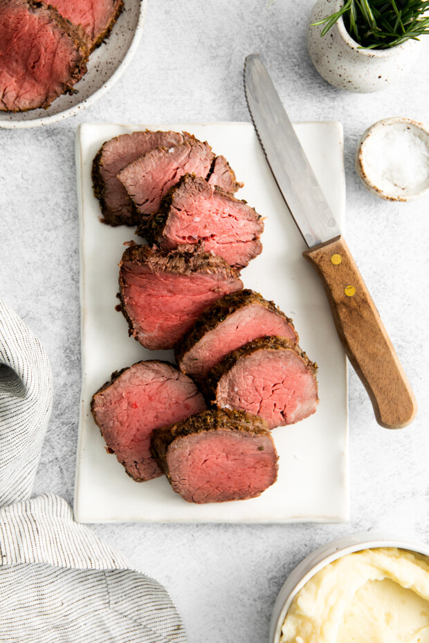 Air Fryer Beef Tenderloin on a serving platter. 