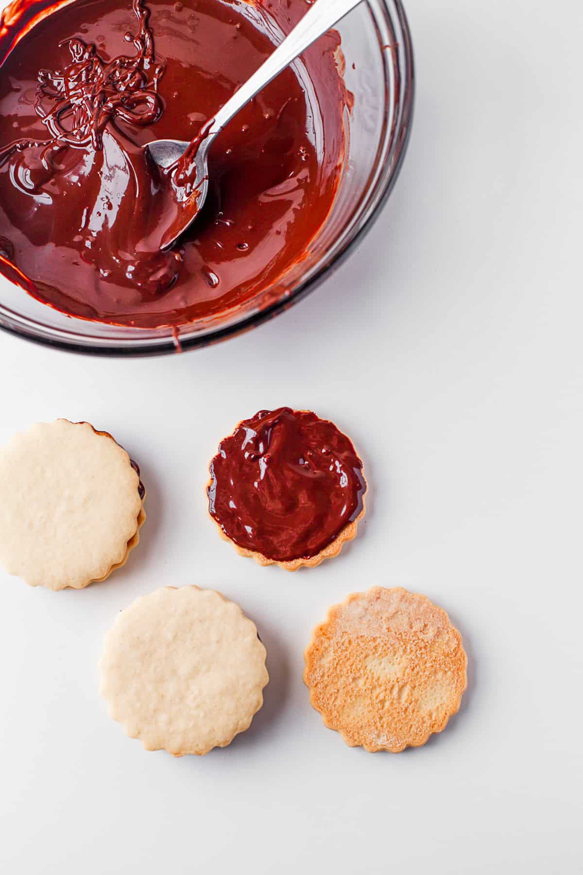 Shortbread cookie with chocolate in the middle. 