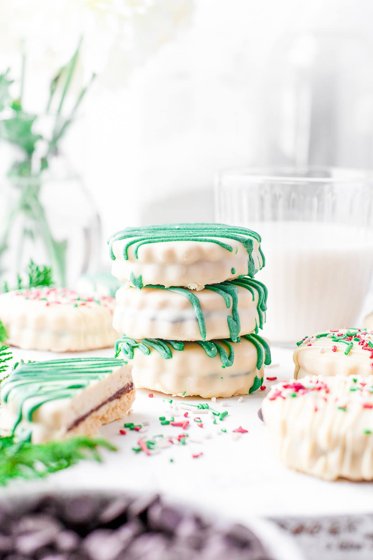 Chocolate Stuffed Shortbread Cookies stacked on top of each other. 