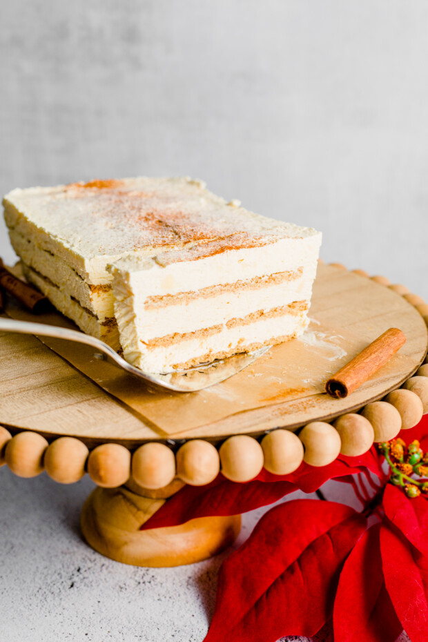 Eggnog Icebox Cake on a cake stand. 