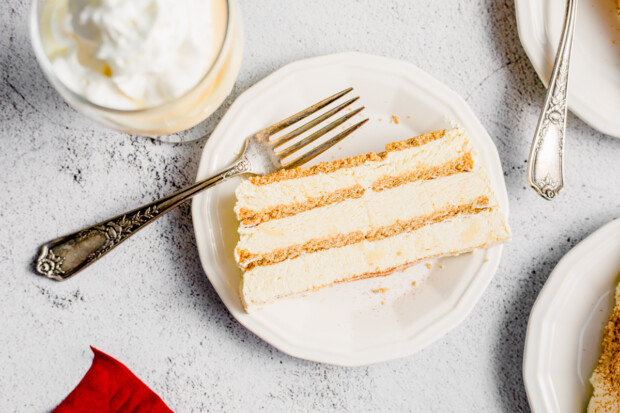 Eggnog Icebox Cake sliced on a plate. 