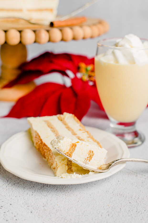 Eggnog Icebox Cake on a plate with a fork. 