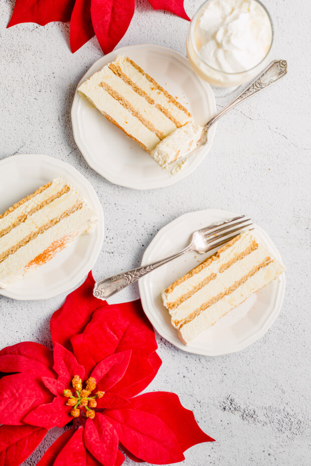 Eggnog Icebox Cake sliced and served onto 3 plates. 