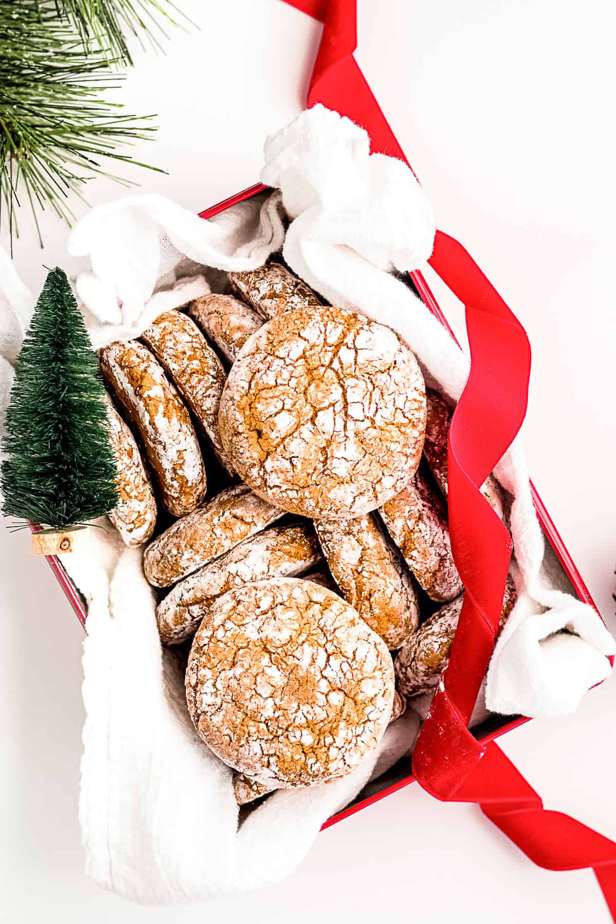 Molasses Crinkle Cookies in a decorative Christmas box.