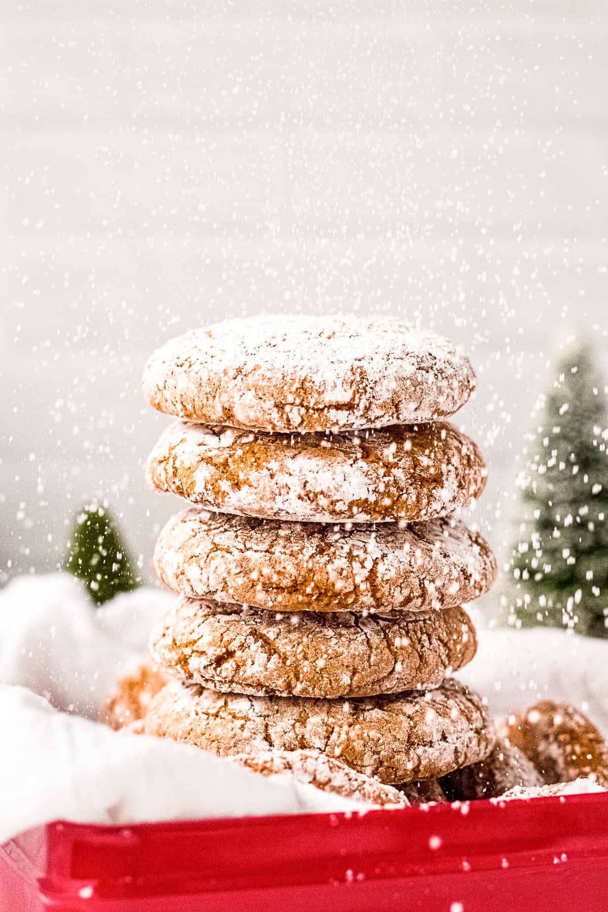 Molasses Crinkle Cookies getting sprinkled with powdered sugar.