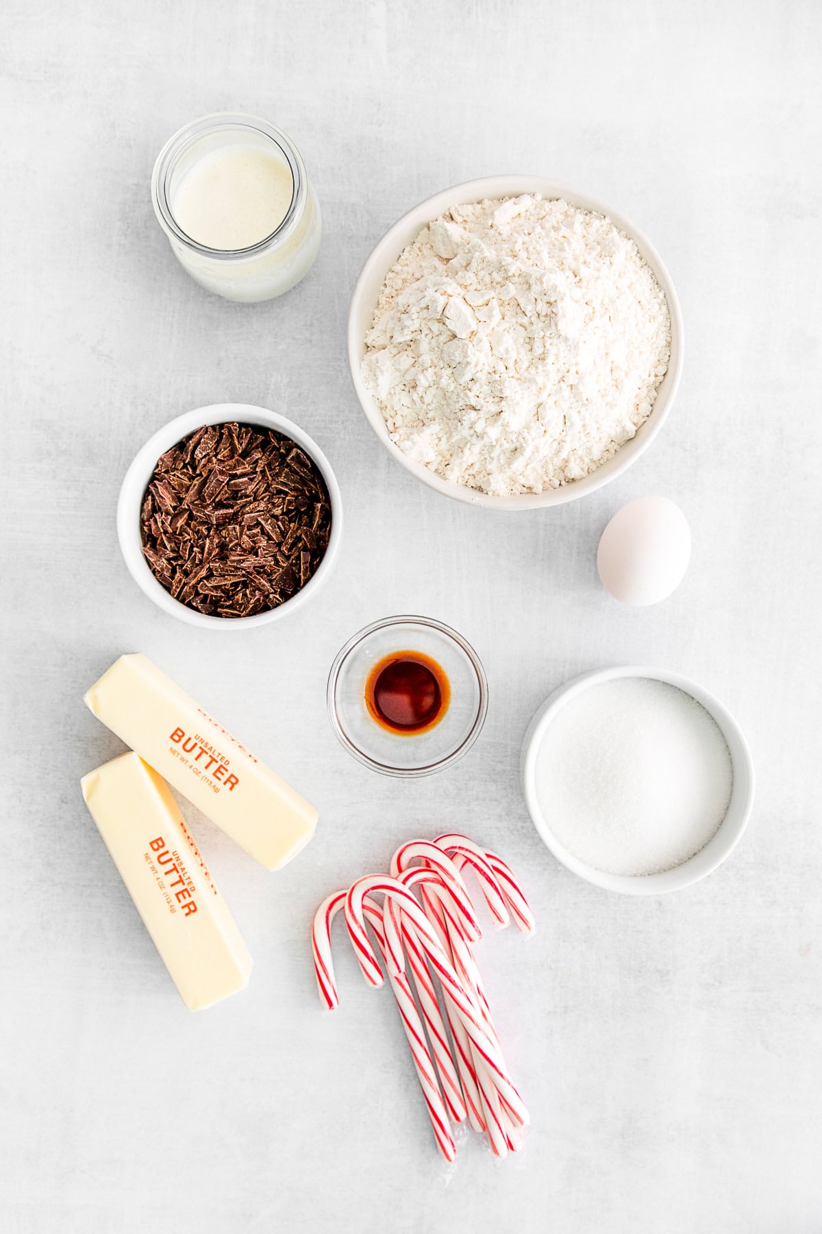 Peppermint Bark Shortbread Cookie ingredients on a table. 
