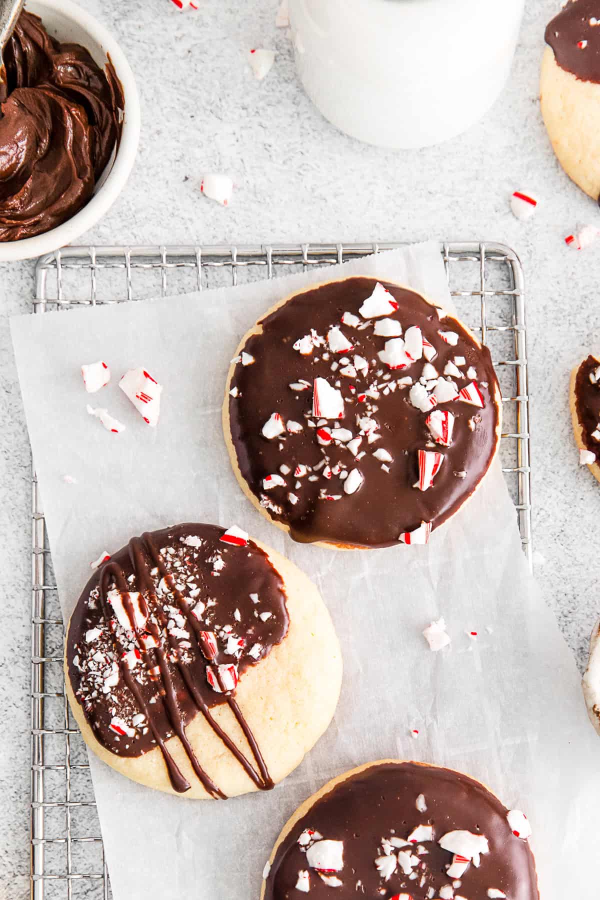 Peppermint Bark Shortbread Cookies on a cooling rack. 