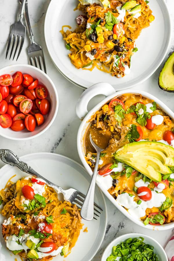 Air Fryer Southwest Spaghetti Squash served in a casserole dish. 