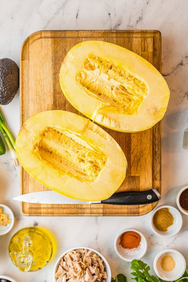 Ingredients to make Air Fryer Southwest Spaghetti Squash. 