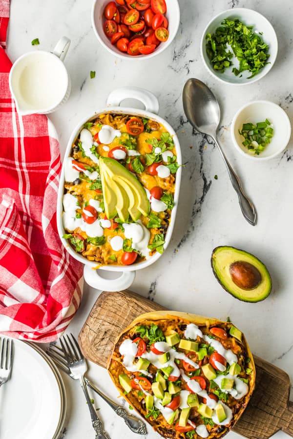 Air Fryer Southwest Spaghetti Squash served in a dish or in the squash. 