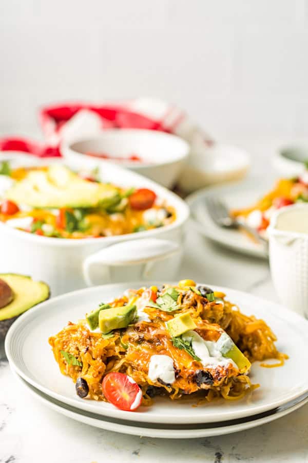 Air Fryer Southwest Spaghetti Squash spooned onto a plate. 