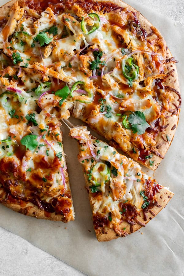 BBQ Chicken Pizza cut into slices. 