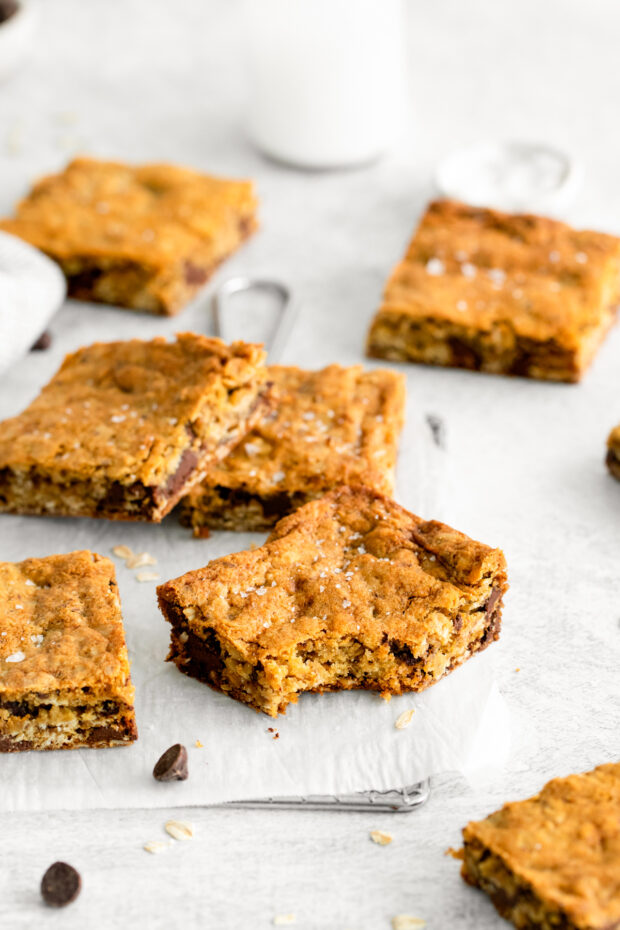 Chocolate Chunk Oatmeal Cookie Bars sprinkled with sea salt. 