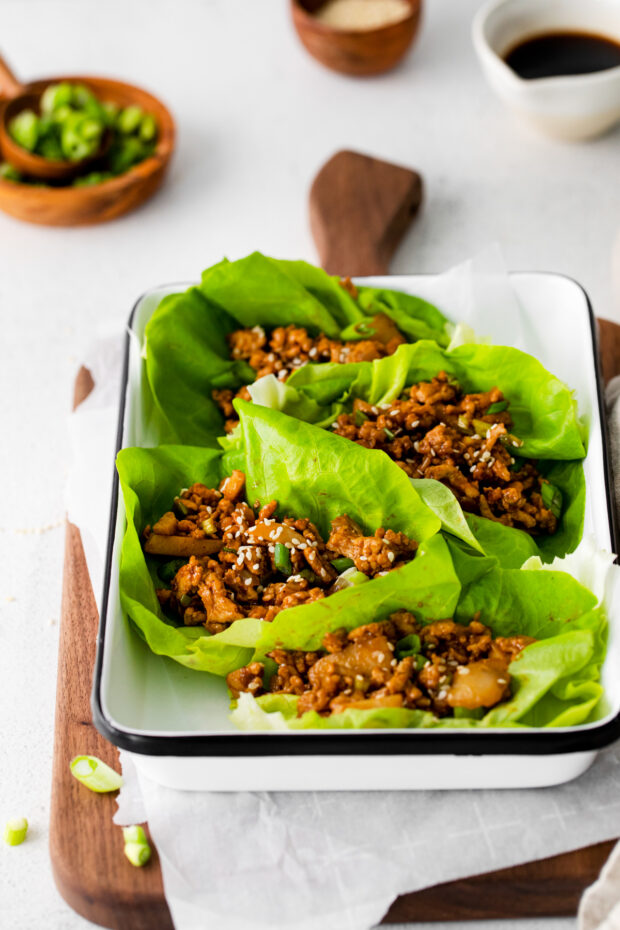 P.F. Chang's Chicken Lettuce Wraps topped with sesame seeds.