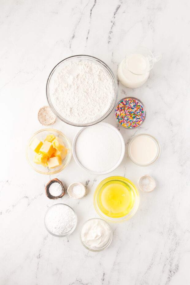 Ingredients to make confetti cake. 