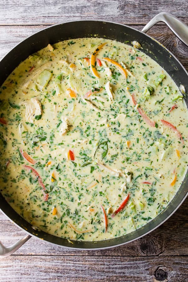 Green Curry Chicken Noodle Soup in a large soup pot.