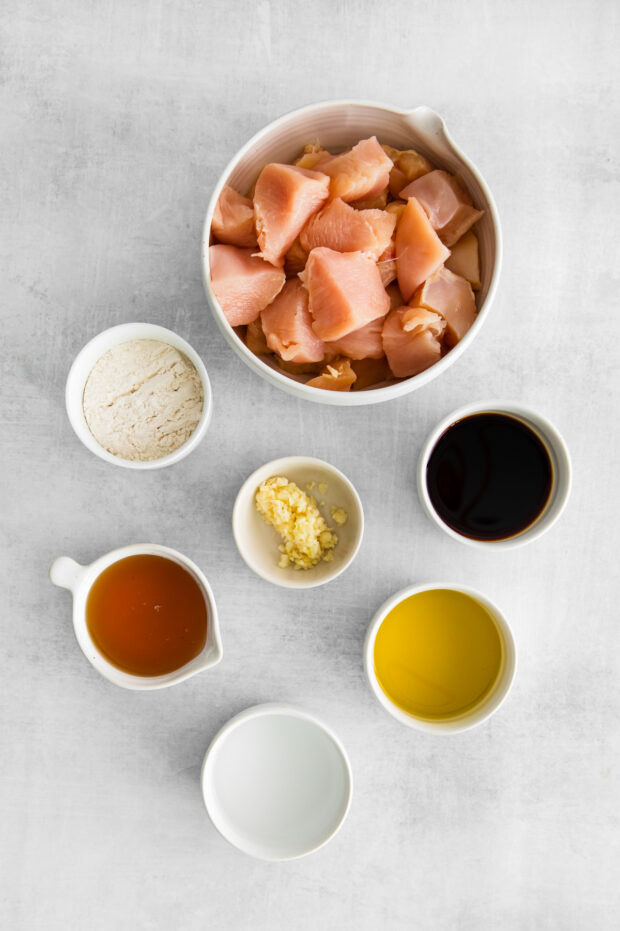 ingredients for Honey Garlic Chicken Bowls on a table.