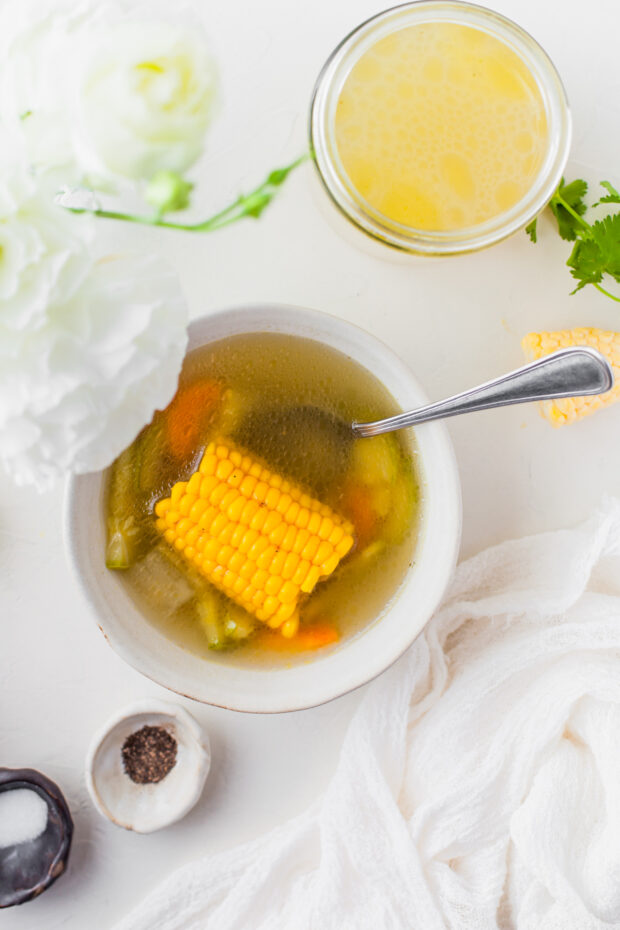 Instant Pot Chicken Stock in a bowl. 