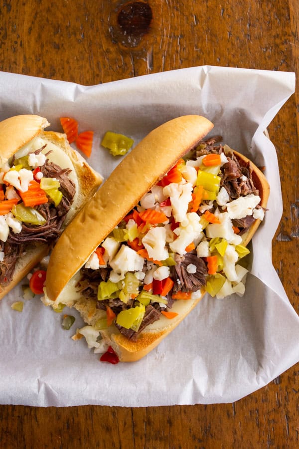 Instant Pot Italian Beef Sandwich served on toasted hoagie rolls. 