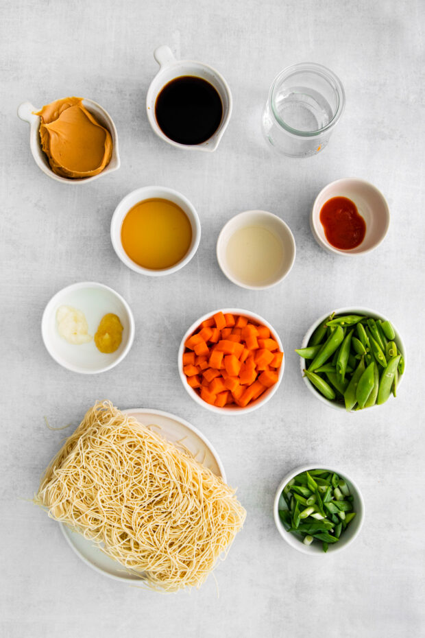 Spicy Peanut Noodle ingredients on a table.